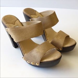 Jimmy Choo Ulrika Wooden Platform Slide Sandals Gold Glitter Size 40 EU